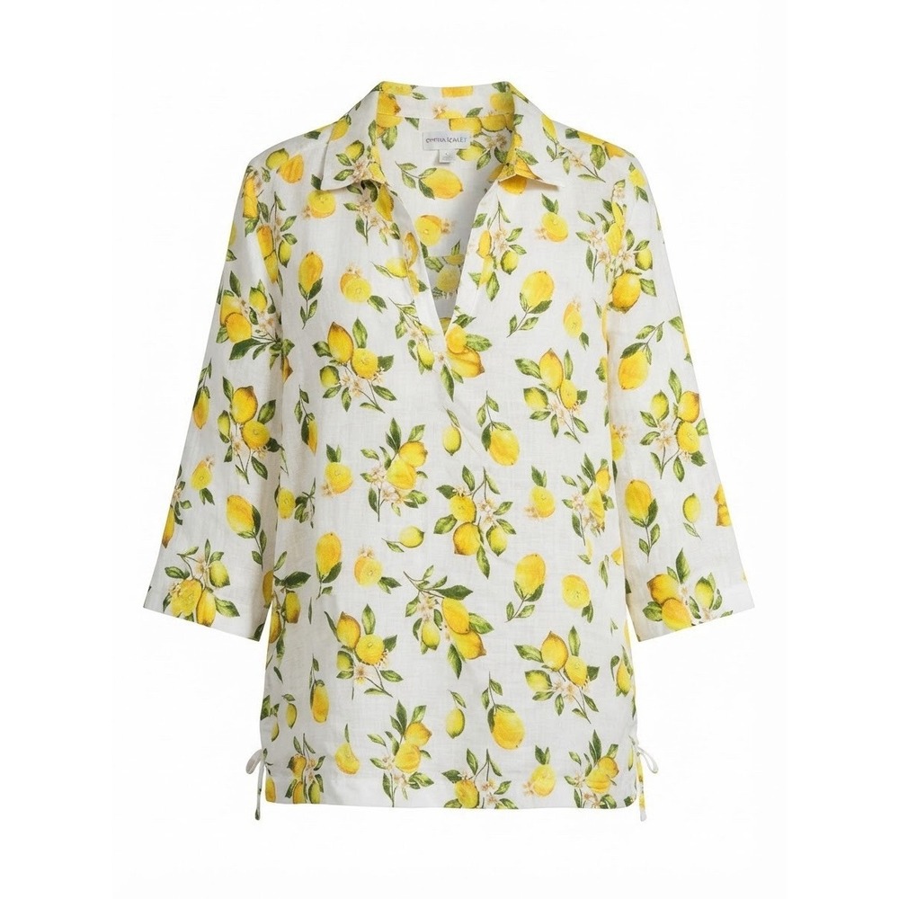 Cynthia Rowley Linen Top 3x Plus Button Down Lemon Whimsy Curvy Summer Boho